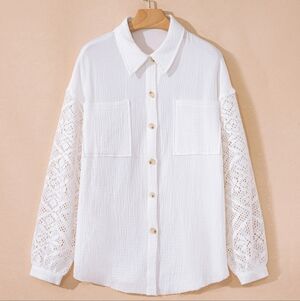 100% Cotton White Lace-Sleeve Button-Down Shirt